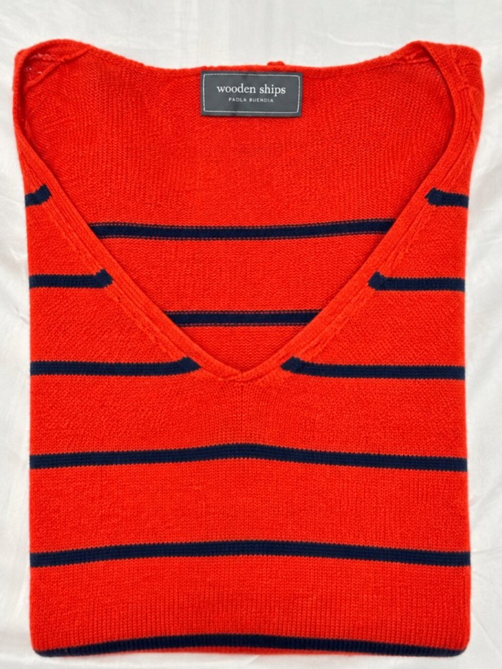 Wooden Ships Red Navy Stripe V Neck Bell Sleeve Knit Sweater S/M